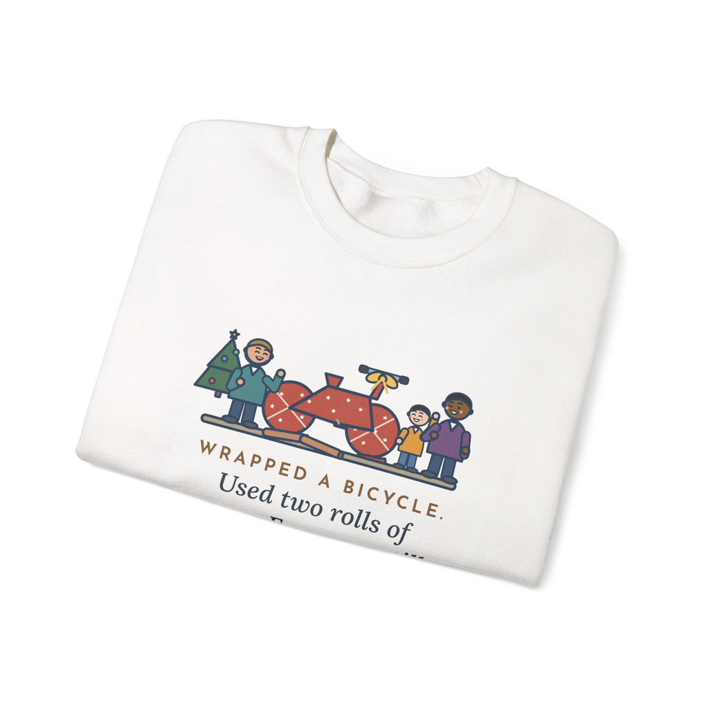 Christmas Gift Sweatshirt, Wrapped a Bicycle with Two Rolls of Paper, Everyone Still Knew, Funny Christmas Morning Crewneck