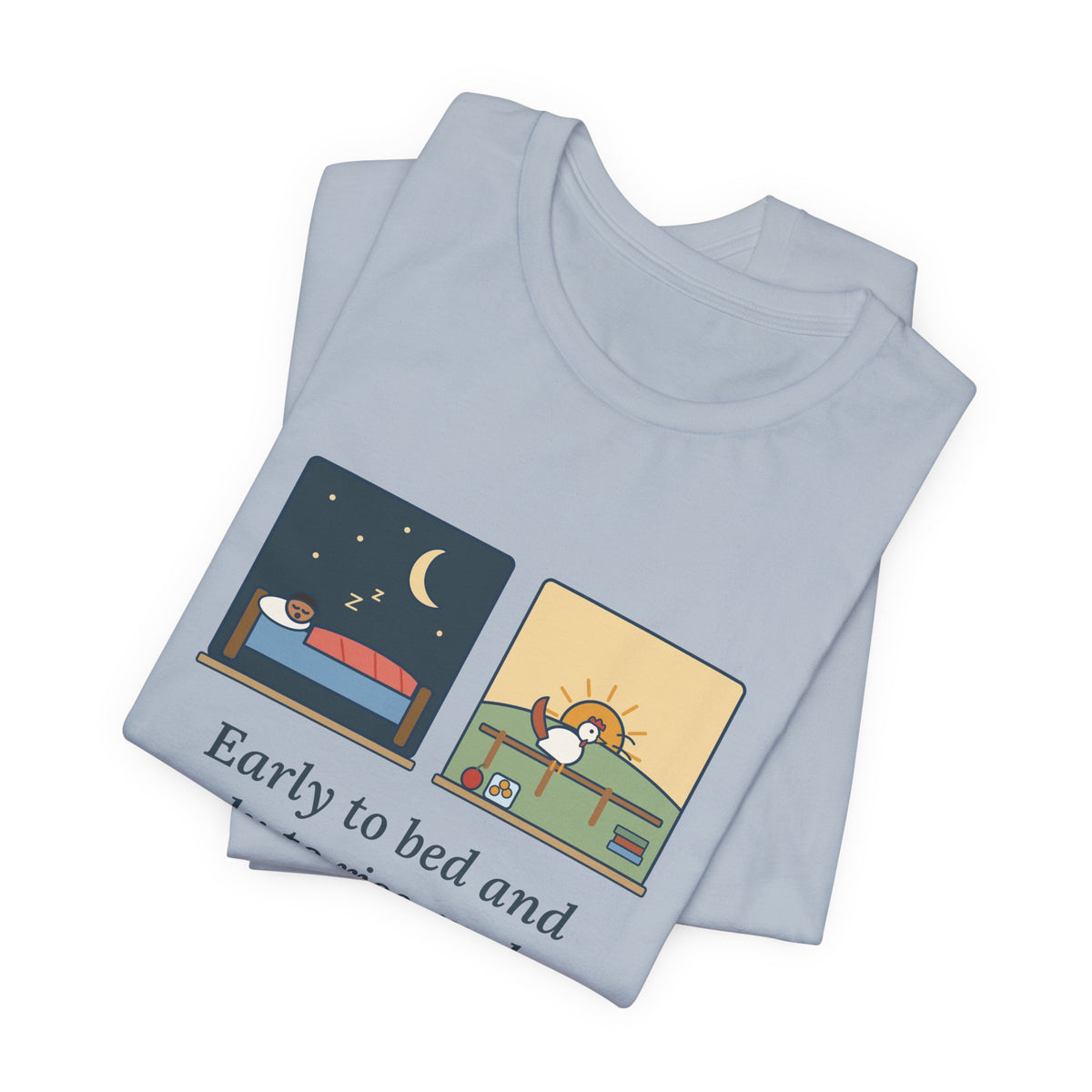 Franklin Wisdom Quote T-Shirt, Early to Bed and Early to Rise, Early Riser Moon and Rooster Tee