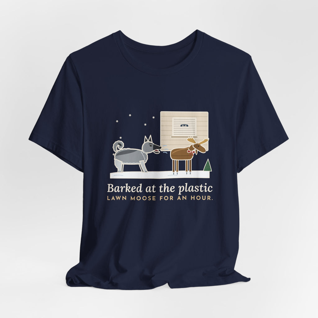Norwegian Elkhound T-Shirt - Barked at the Plastic Lawn Moose for an Hour, Winter Dog Tee