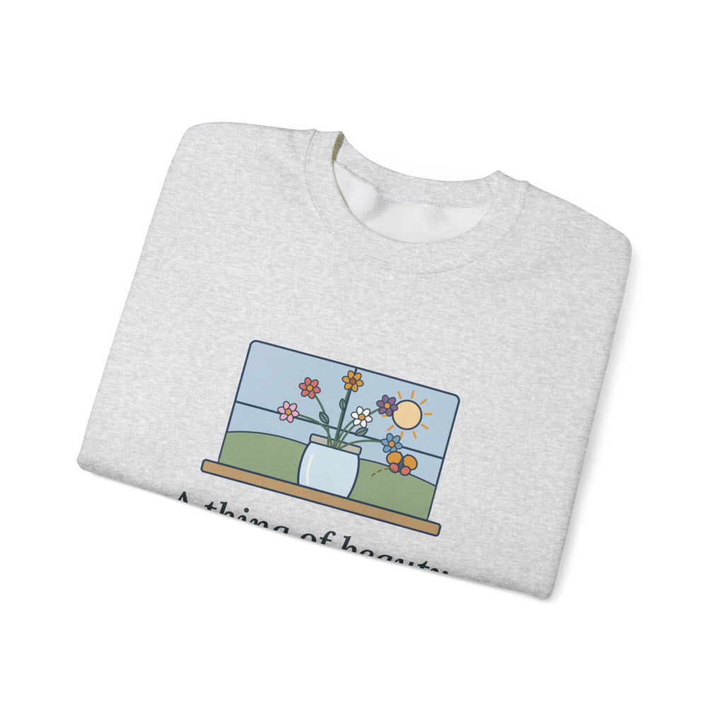A Thing of Beauty Is a Joy Forever Sweatshirt, Nature John Keats Quote Crewneck with Wildflower Jar