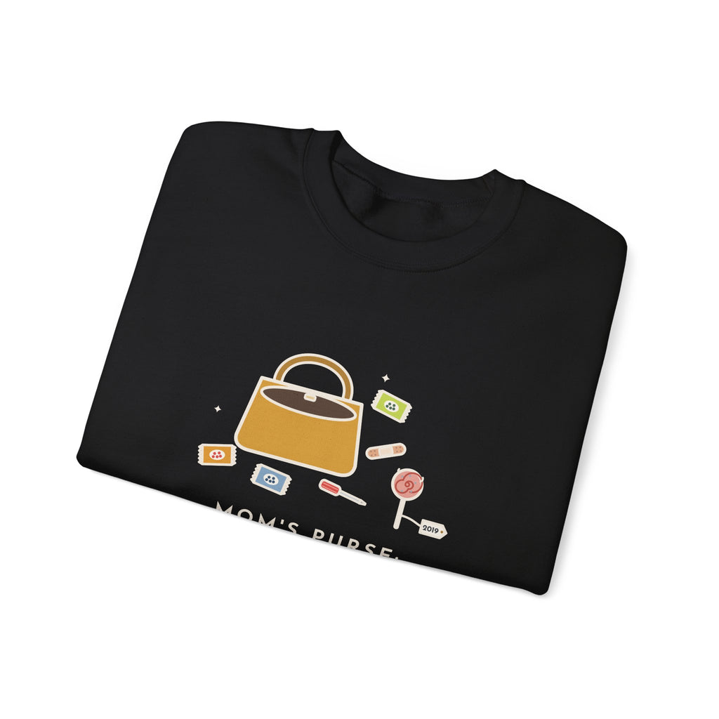 Mom Sweatshirt, Mom's Purse, Three Snacks, a Bandage, a Screwdriver and a Very Old Lollipop, Funny Purse Flat-Lay Crewneck