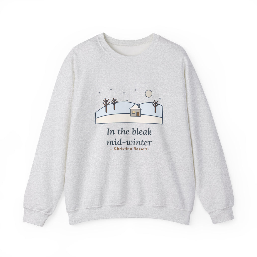 In the Bleak Mid-Winter Sweatshirt, Winter Rossetti Quote Crewneck with Snowy Cottage Hill