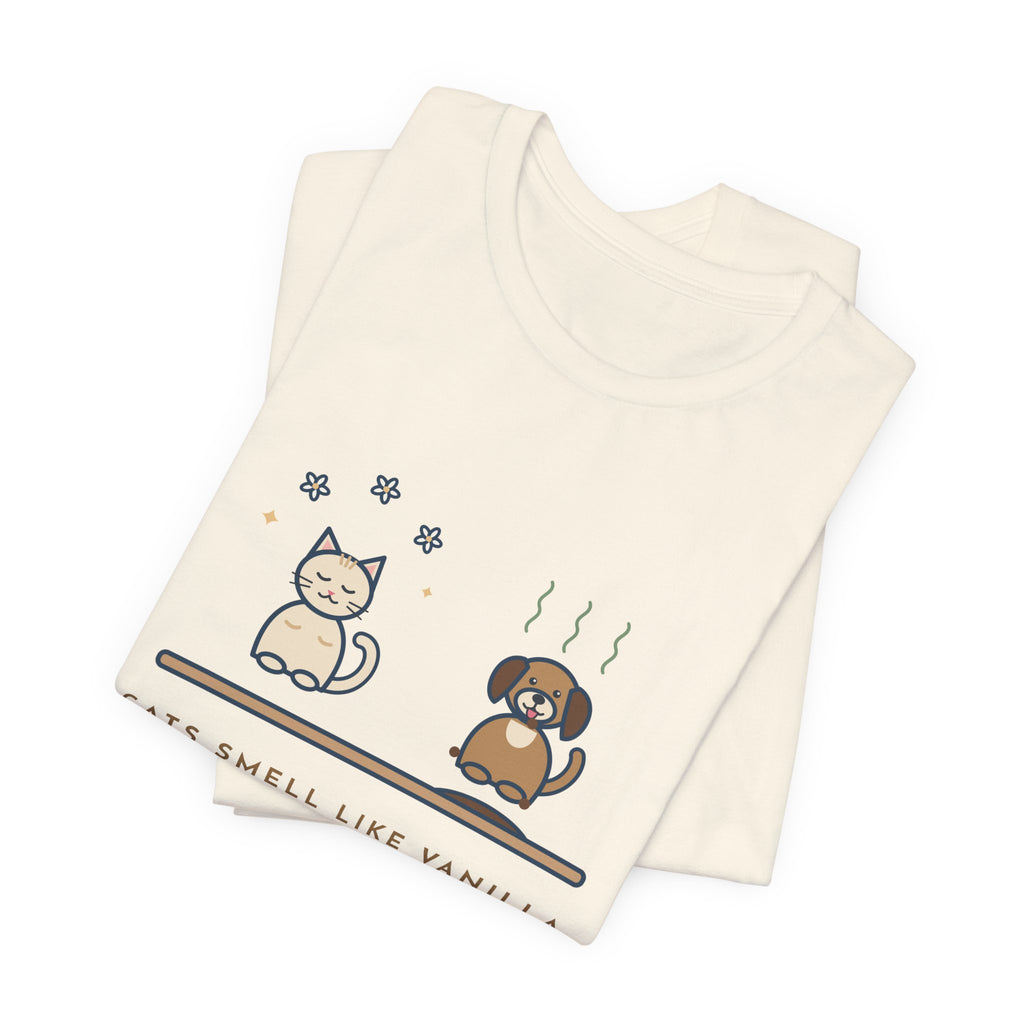 Funny Pet Humor T-Shirt, Cats Smell Like Vanilla, Dogs Smell Like Dogs, Original Illustrated Shirt