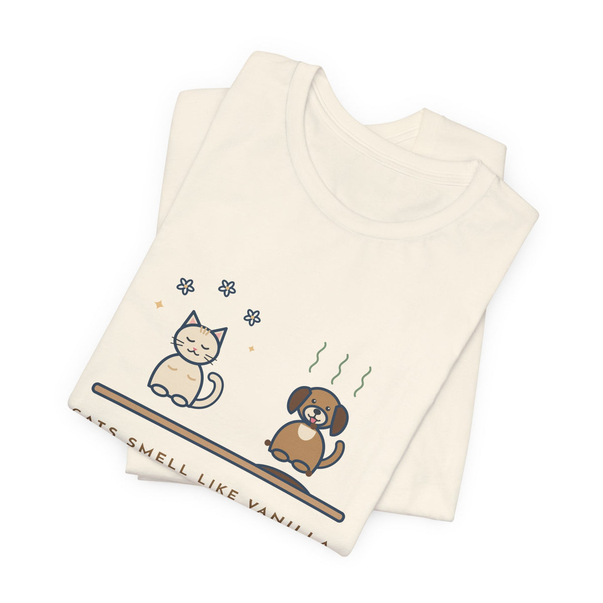 Funny Pet Humor T-Shirt, Cats Smell Like Vanilla, Dogs Smell Like Dogs, Original Illustrated Shirt