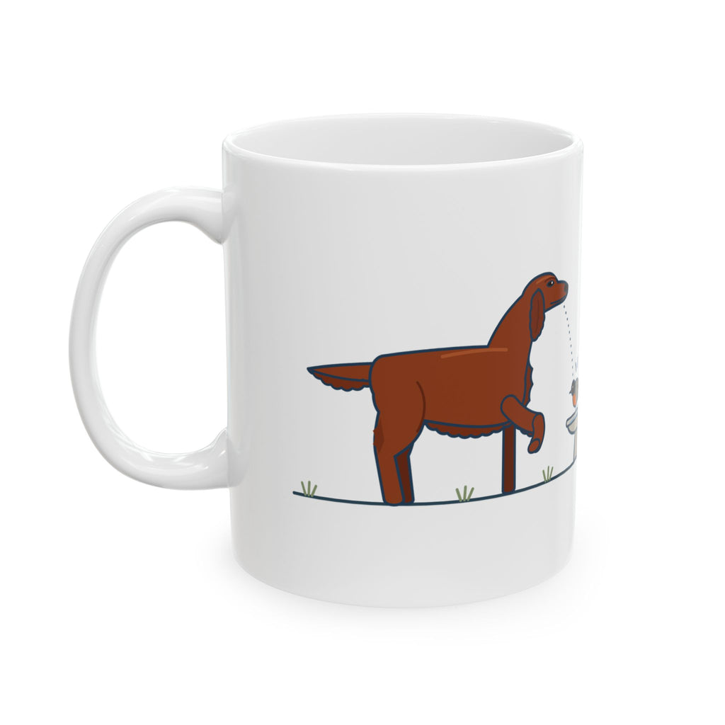 Irish Setter Coffee Mug - One Paw Up, Frozen, A Robin Landed 11oz Dog Mug