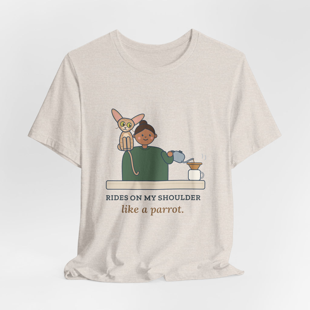 Devon Rex Cat T-Shirt - Rides on My Shoulder Like a Parrot Funny Shoulder Cat Tee