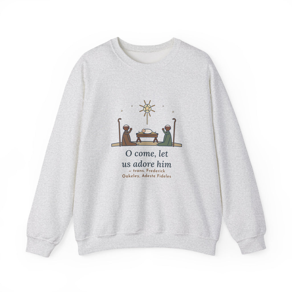 O Come, Let Us Adore him Sweatshirt, Christmas Oakeley Quote Crewneck with Woodcut Manger