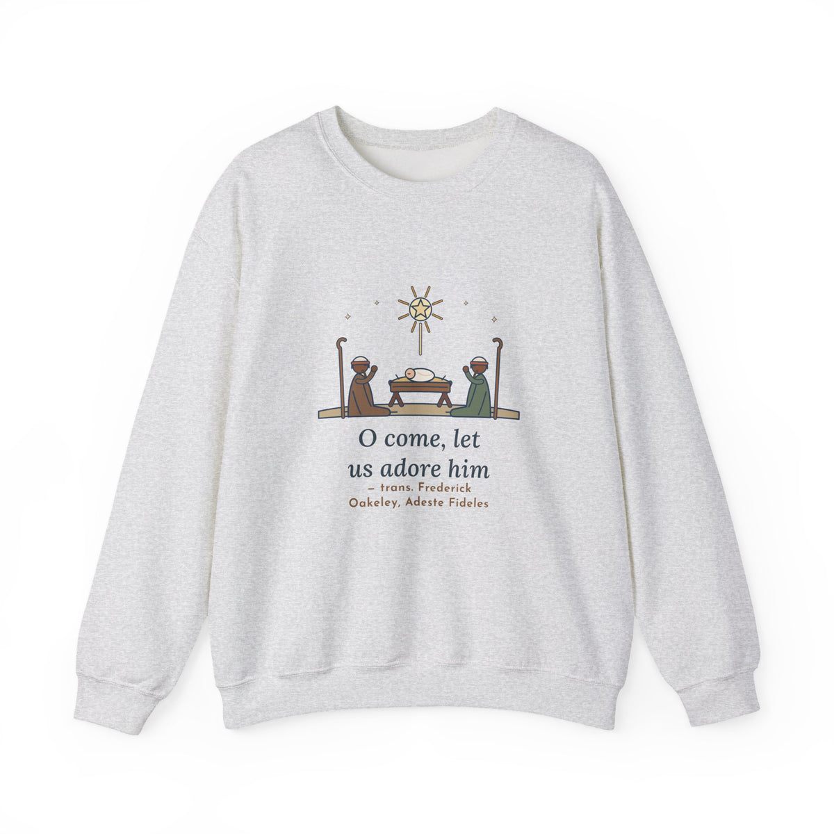 O Come, Let Us Adore him Sweatshirt, Christmas Oakeley Quote Crewneck with Woodcut Manger