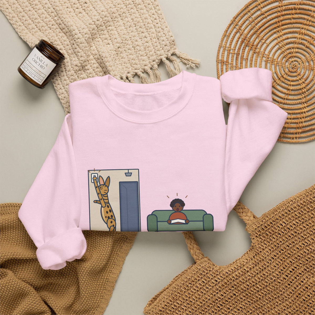 Serengeti Cat Crewneck Sweatshirt - Long-Legged Spotted Cat at the Light Switch