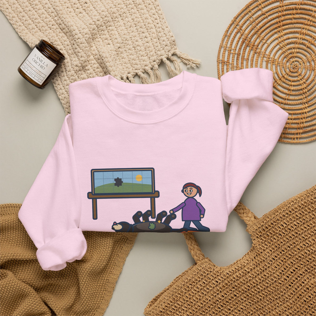 Thousand-Piece Puzzle, Found the Last Piece Under the Dog Sweatshirt, Funny Jigsaw Puzzle Crewneck with Belly-Up Dog