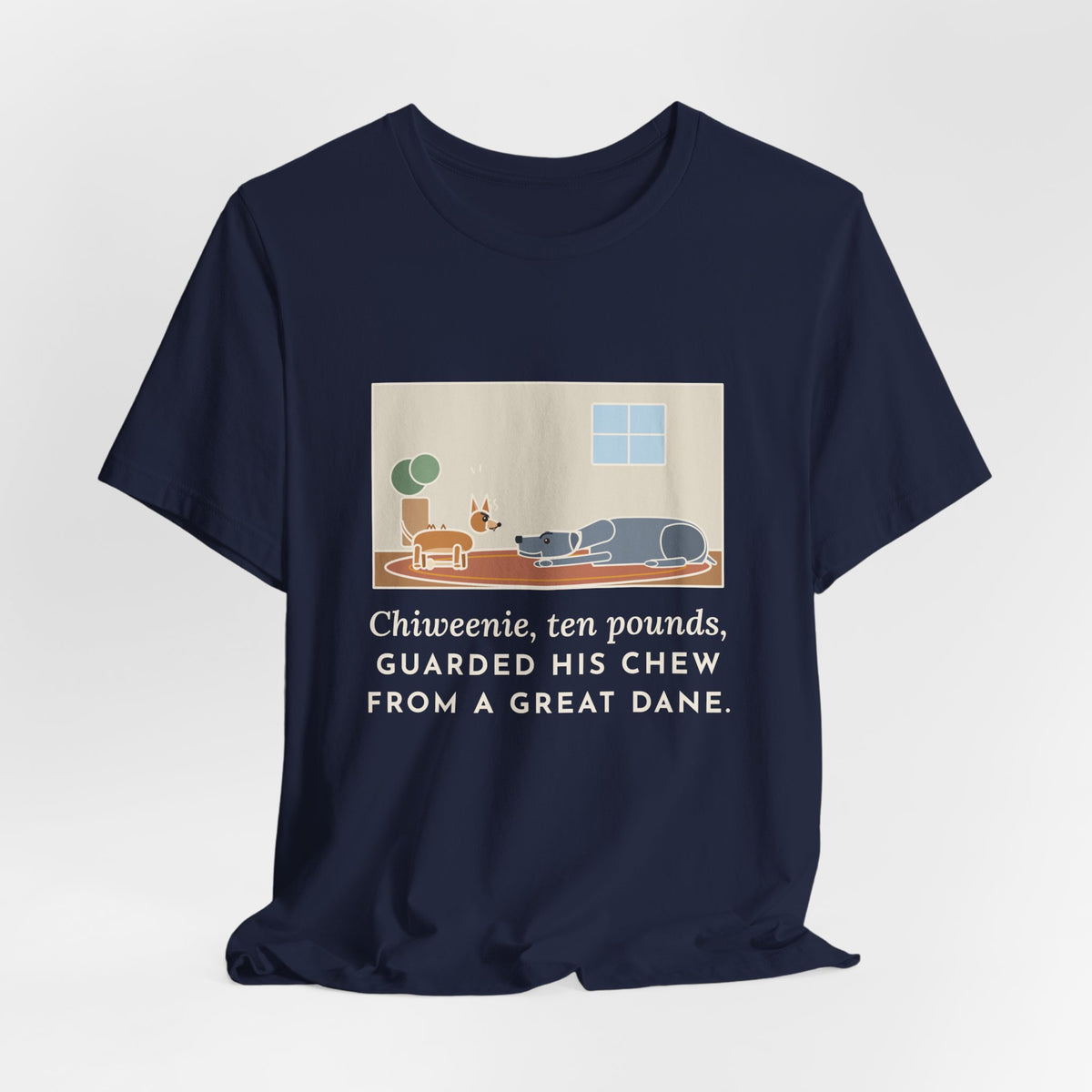 Funny Chiweenie T-Shirt, Ten Pounds, Guarded His Chew from a Great Dane, Living Room Standoff Tee