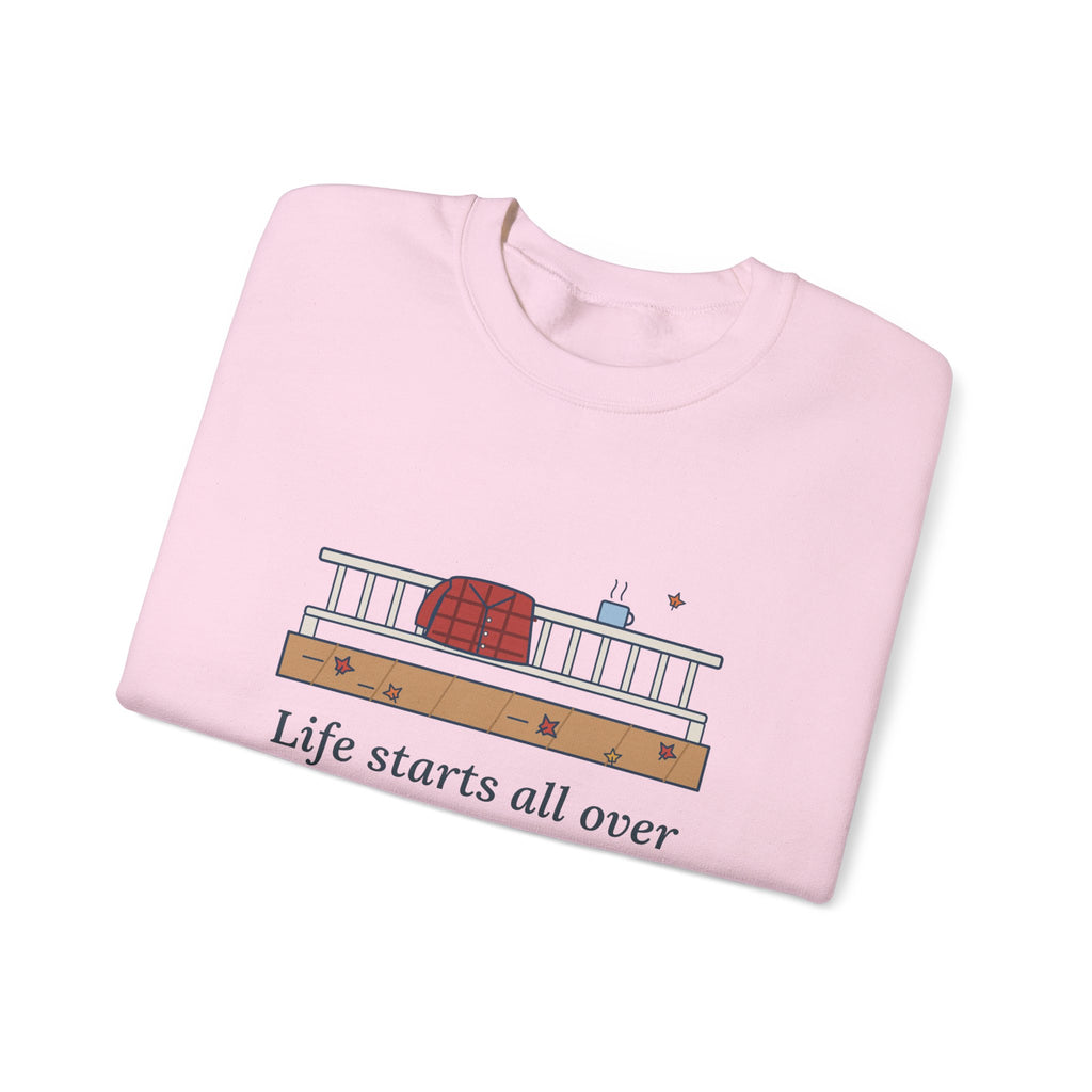 Life Starts All Over Again When It Gets Crisp Sweatshirt, Fall Fitzgerald Quote Crewneck with Porch Morning