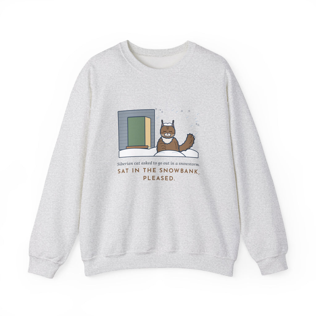 Siberian Cat Crewneck Sweatshirt - Happy in the Snowbank During a Snowstorm