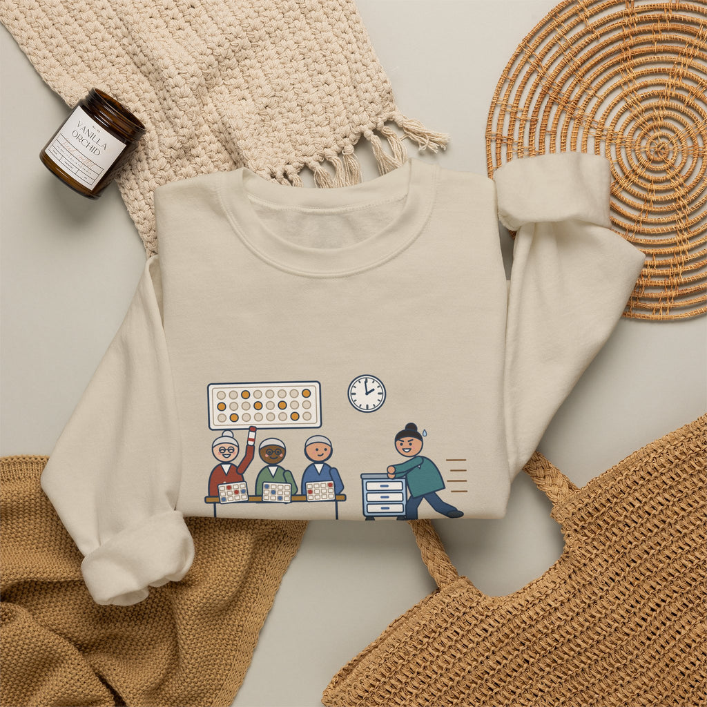 Assisted Living Nurse Crewneck Sweatshirt - Bingo at Two, Med Pass Done by One Fifty-Nine