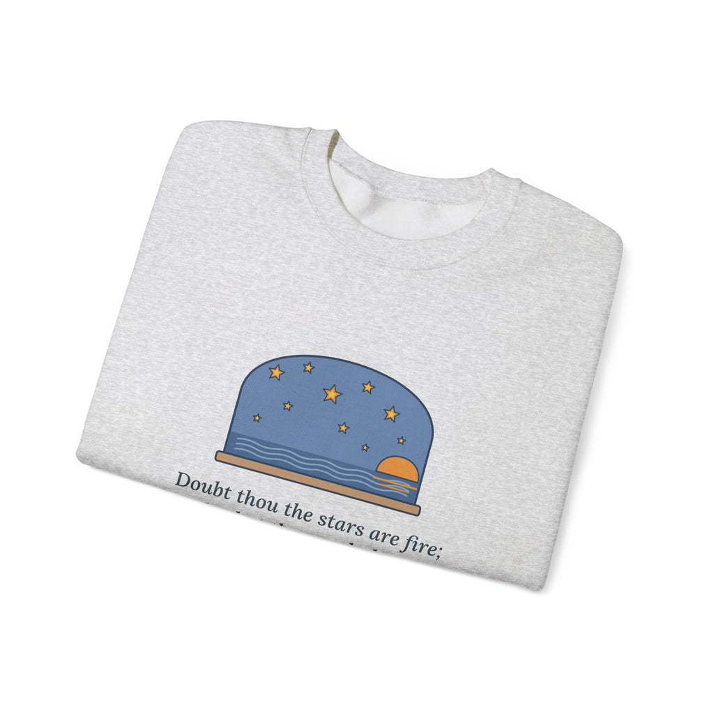 But Never Doubt I Love Sweatshirt, Love Shakespeare Quote Crewneck with Fiery Stars at Sea
