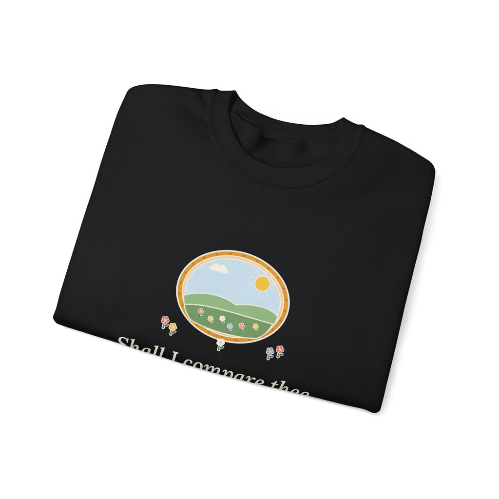 Shall I Compare Thee to a Summer's Day Sweatshirt, Love Shakespeare Quote Crewneck with Framed Meadow