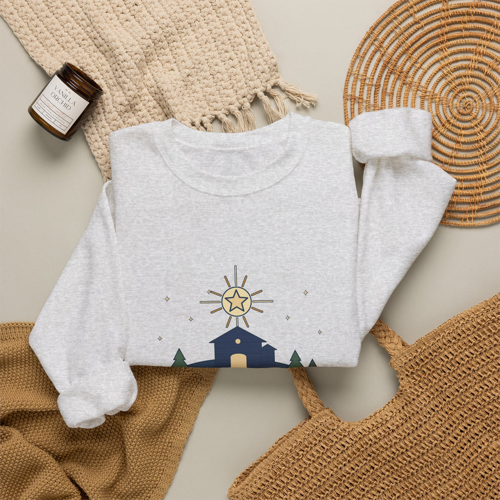 The Stars Are Brightly Shining Sweatshirt, Christmas Cappeau Quote Crewneck with Star over Stable