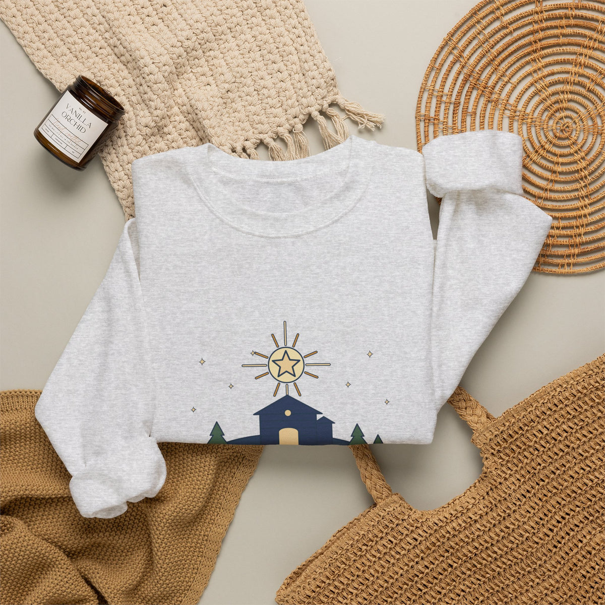The Stars Are Brightly Shining Sweatshirt, Christmas Cappeau Quote Crewneck with Star over Stable