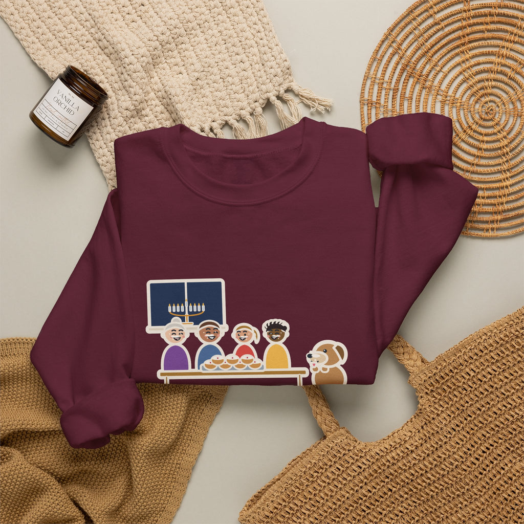 Hanukkah Sweatshirt, One Tray of Jelly Doughnuts, Powdered Sugar on Every Face, the Dog's Too, Funny Sugar Mustaches Crewneck