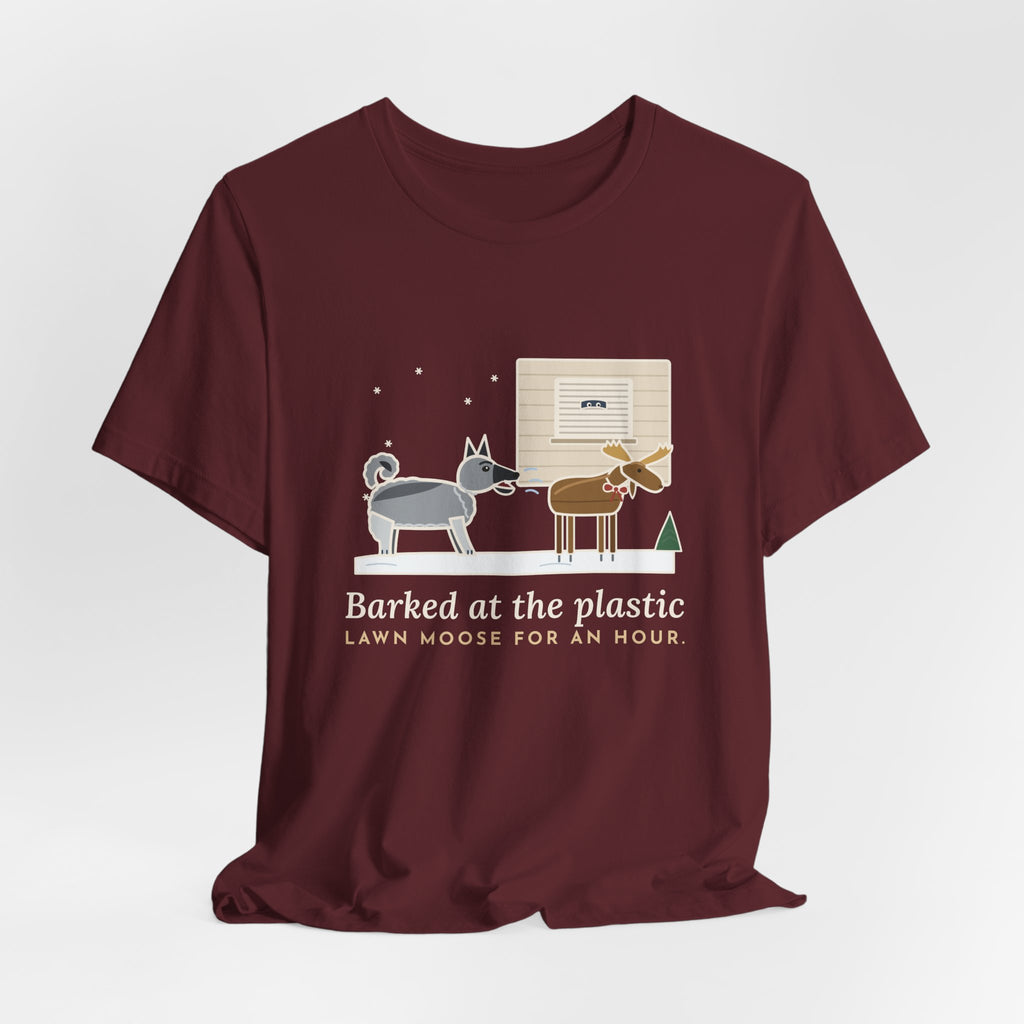 Norwegian Elkhound T-Shirt - Barked at the Plastic Lawn Moose for an Hour, Winter Dog Tee
