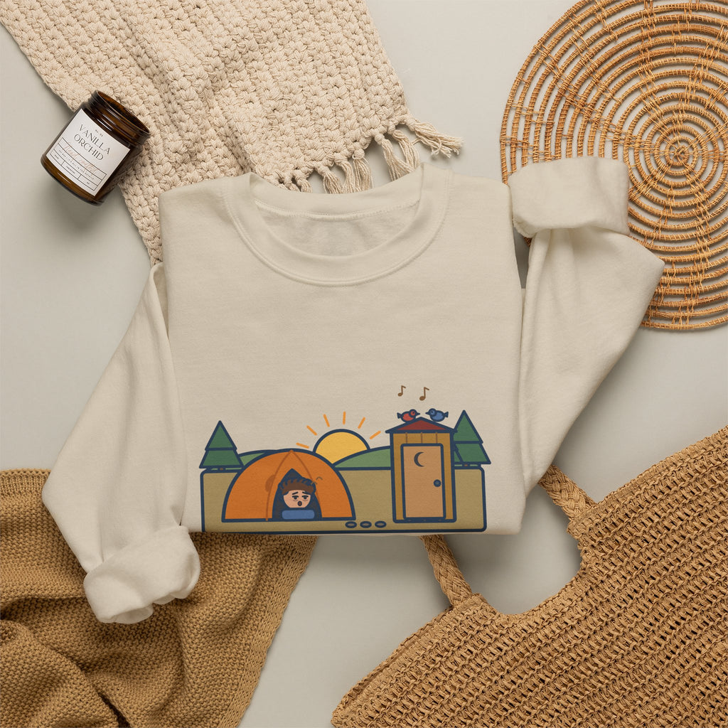 Pitched the Tent in the Dark Sweatshirt, Funny Camping Crewneck with Outhouse View