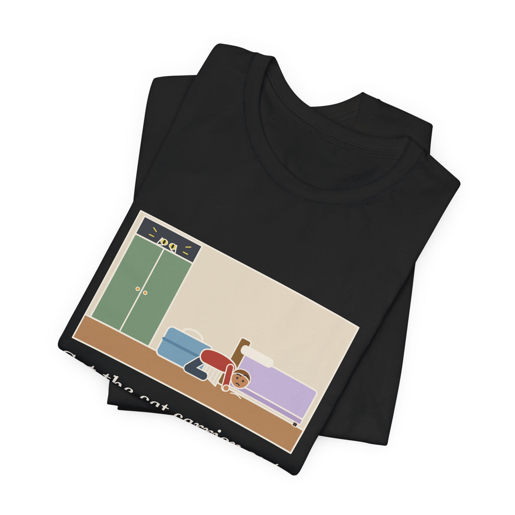 Funny Vet Day Cat T-Shirt, Got the Cat Carrier Out, The Cat Vanished for Three Hours, Cabinet Hideout Tee
