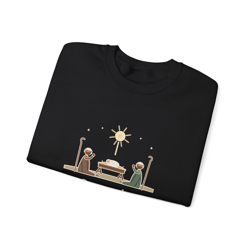 O Come, Let Us Adore him Sweatshirt, Christmas Oakeley Quote Crewneck with Woodcut Manger