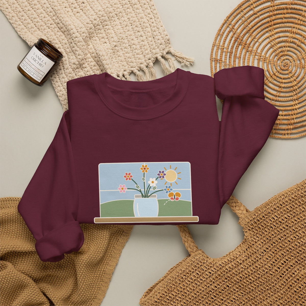 A Thing of Beauty Is a Joy Forever Sweatshirt, Nature John Keats Quote Crewneck with Wildflower Jar