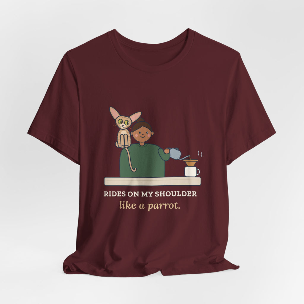 Devon Rex Cat T-Shirt - Rides on My Shoulder Like a Parrot Funny Shoulder Cat Tee