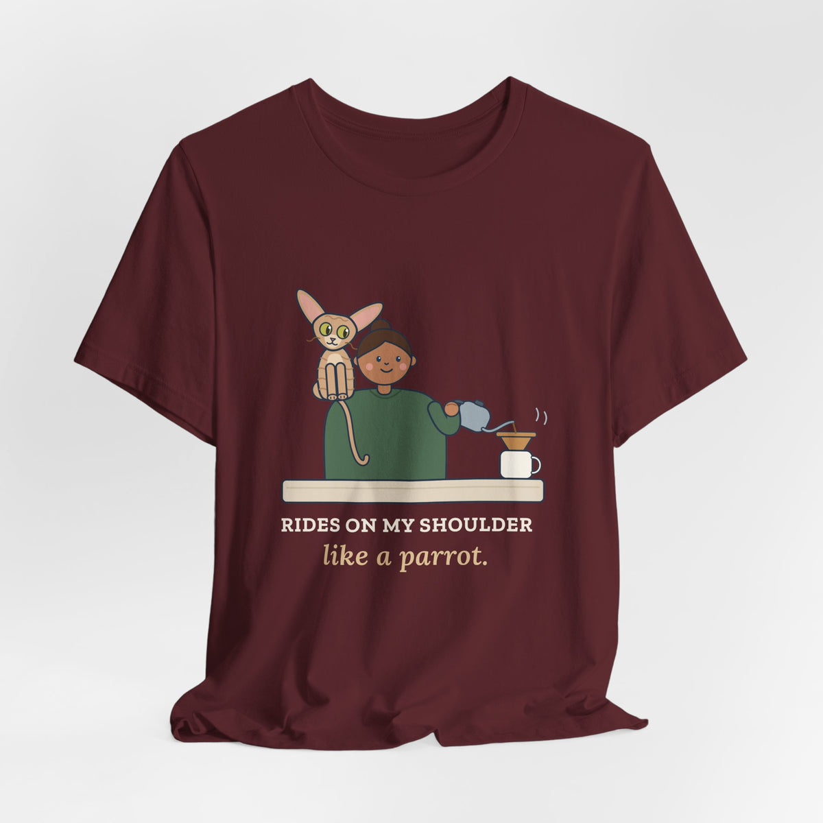 Devon Rex Cat T-Shirt - Rides on My Shoulder Like a Parrot Funny Shoulder Cat Tee