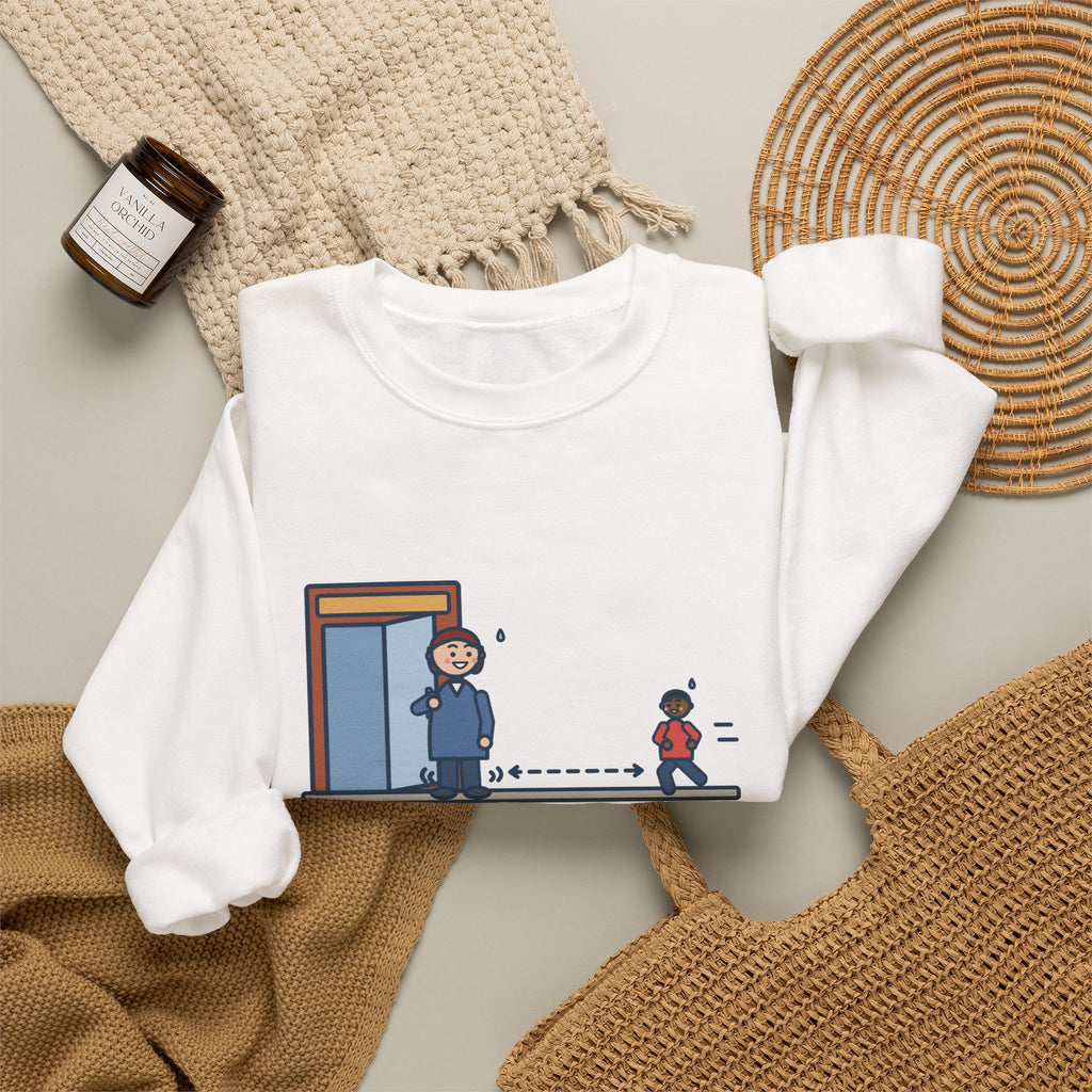 Holding the Door Sweatshirt, For Someone Twenty Feet Away, We Both Jogged, Funny Shop Entrance Crewneck