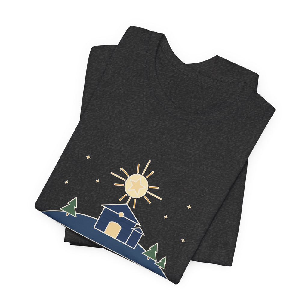 Cappeau Quote T-Shirt, The Stars Are Brightly Shining, Christmas Star over Stable Tee