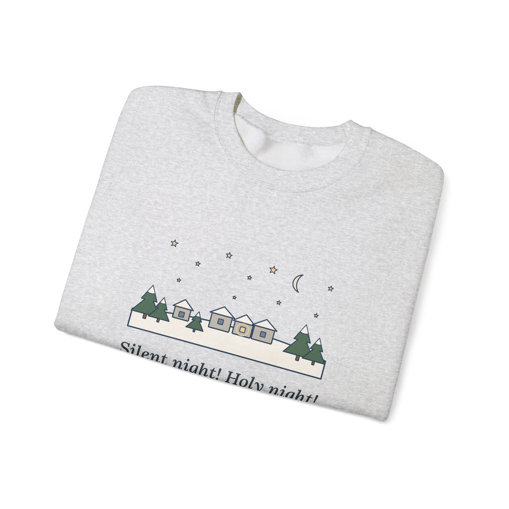 All Is Calm, All Is Bright Sweatshirt, Christmas Joseph Mohr Quote Crewneck with Snowy Village Night