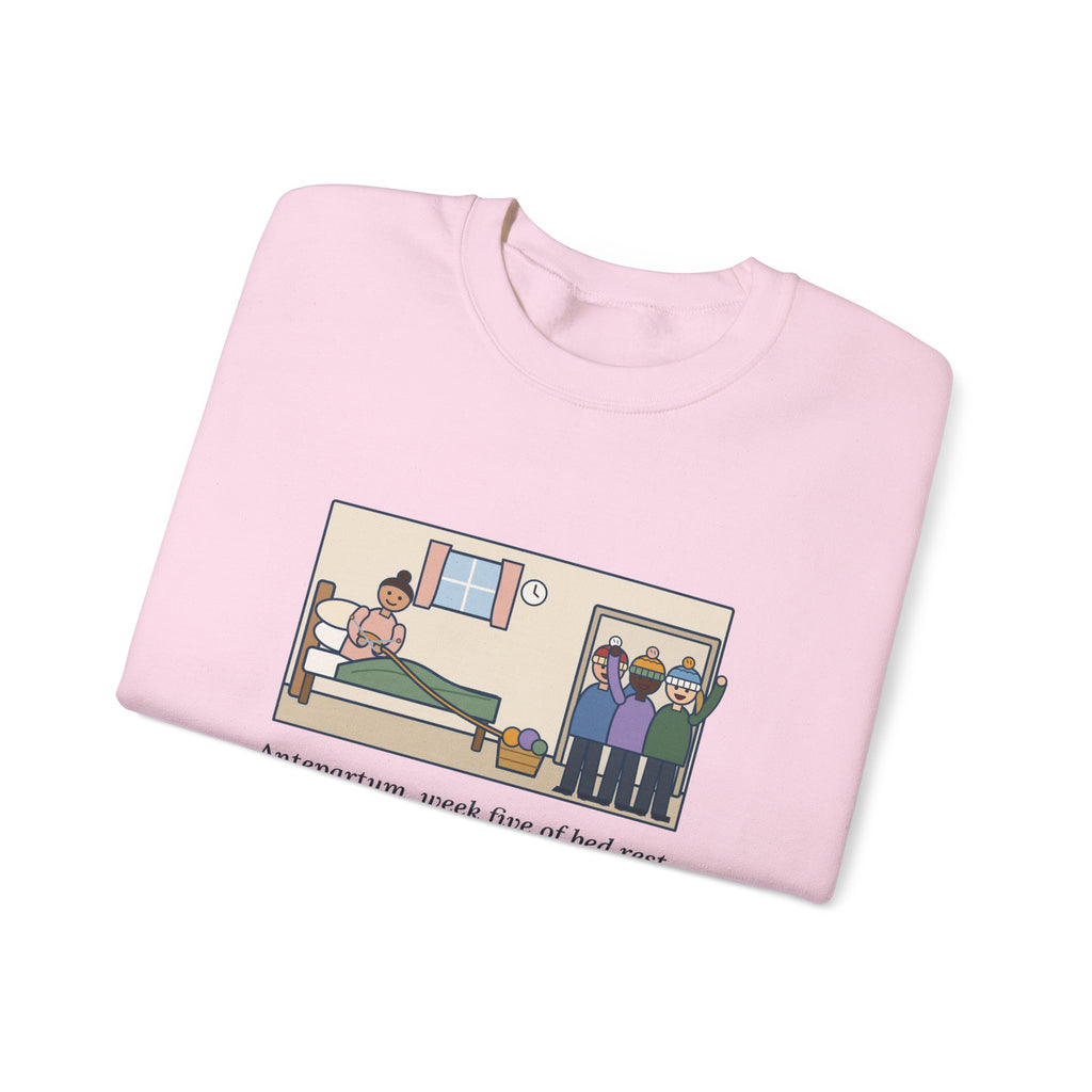 Antepartum Nurse Sweatshirt, Week Five of Bed Rest, She Knitted a Hat for Every Nurse on Day Shift, Funny Knitted Hats Crewneck