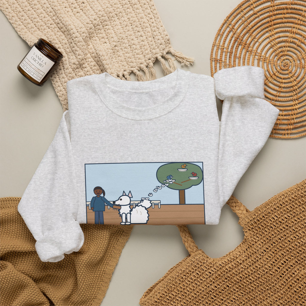 American Eskimo Dog Sweatshirt, Brushed the Eskie on the Porch, The Birds Built Three Nests from It, Funny Porch Brushing Crewneck