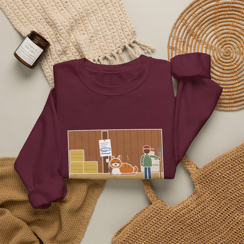 Barn Cat Sweatshirt, Showed Up in May, Now He Has a Heated Bed and His Name on the Feed Bill, Funny Barn Corner Crewneck