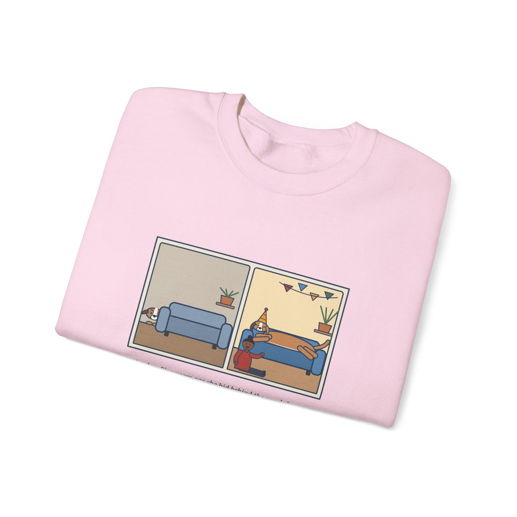 Gotcha Day Sweatshirt, Five Years Ago She Hid Behind the Couch, Now the Couch Is Hers, Funny Then and Now Crewneck