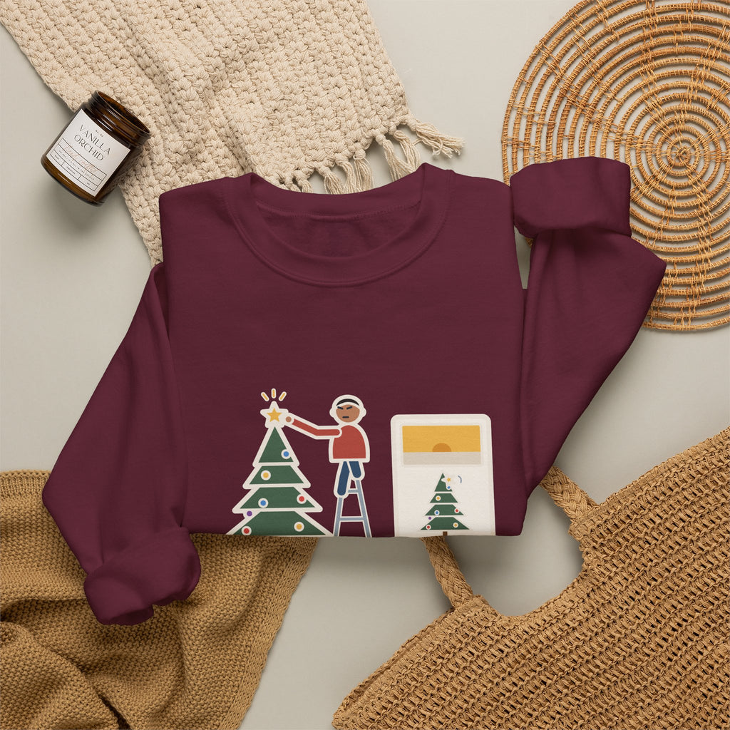 Christmas Tree Star Sweatshirt, Twenty Minutes on the Ladder Getting It Straight, Leaned Again by Morning, Funny Ladder and Star Crewneck