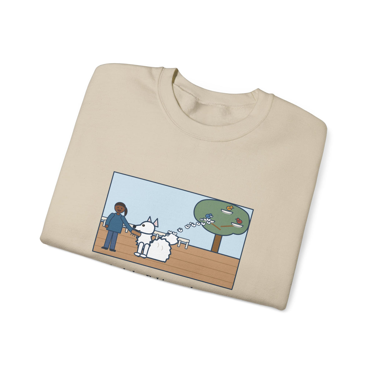 American Eskimo Dog Sweatshirt, Brushed the Eskie on the Porch, The Birds Built Three Nests from It, Funny Porch Brushing Crewneck