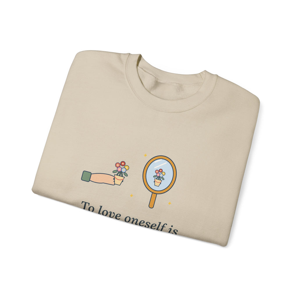 To Love Oneself Is the Beginning of a Life-Long Romance Sweatshirt, Self-Love Oscar Wilde Quote Crewneck with Mirror Bouquet