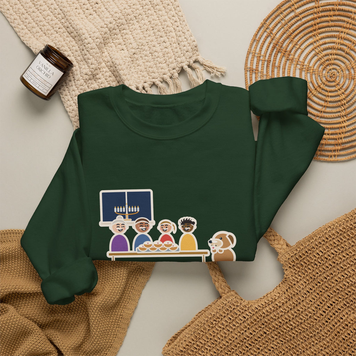 Hanukkah Sweatshirt, One Tray of Jelly Doughnuts, Powdered Sugar on Every Face, the Dog's Too, Funny Sugar Mustaches Crewneck
