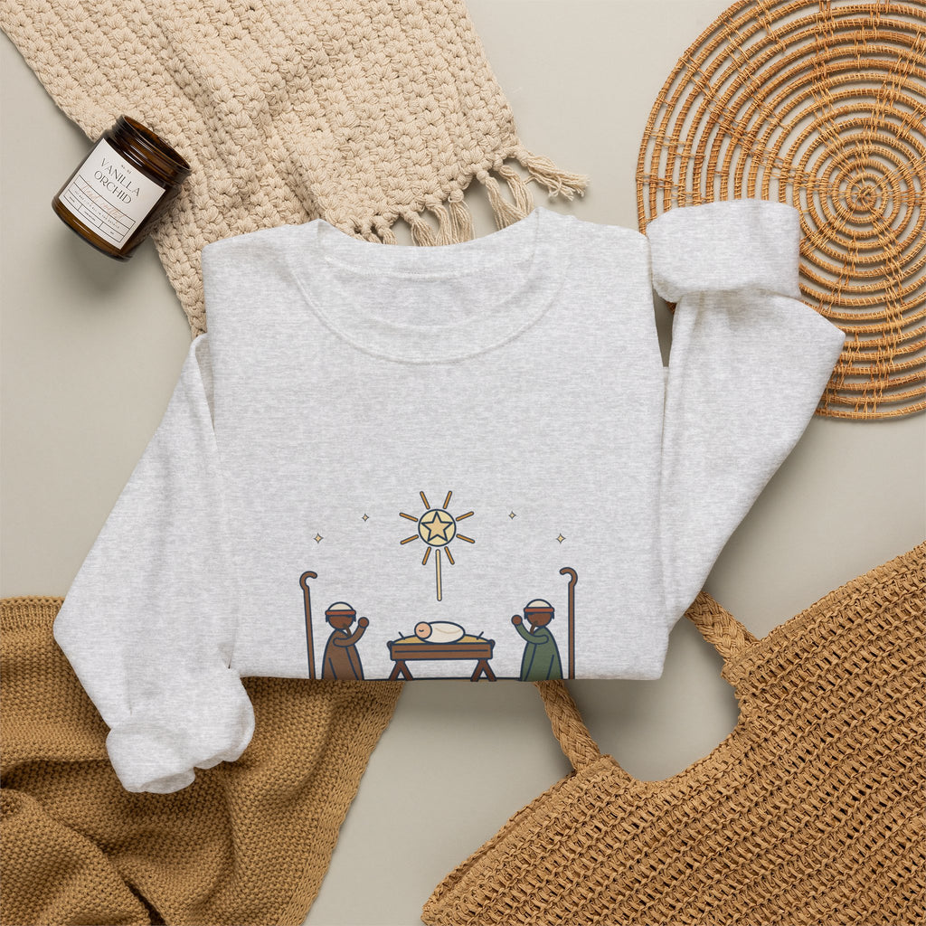 O Come, Let Us Adore him Sweatshirt, Christmas Oakeley Quote Crewneck with Woodcut Manger