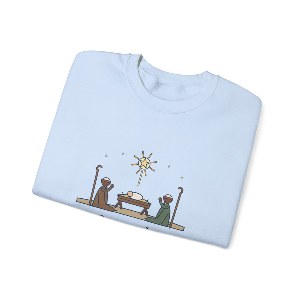 O Come, Let Us Adore him Sweatshirt, Christmas Oakeley Quote Crewneck with Woodcut Manger