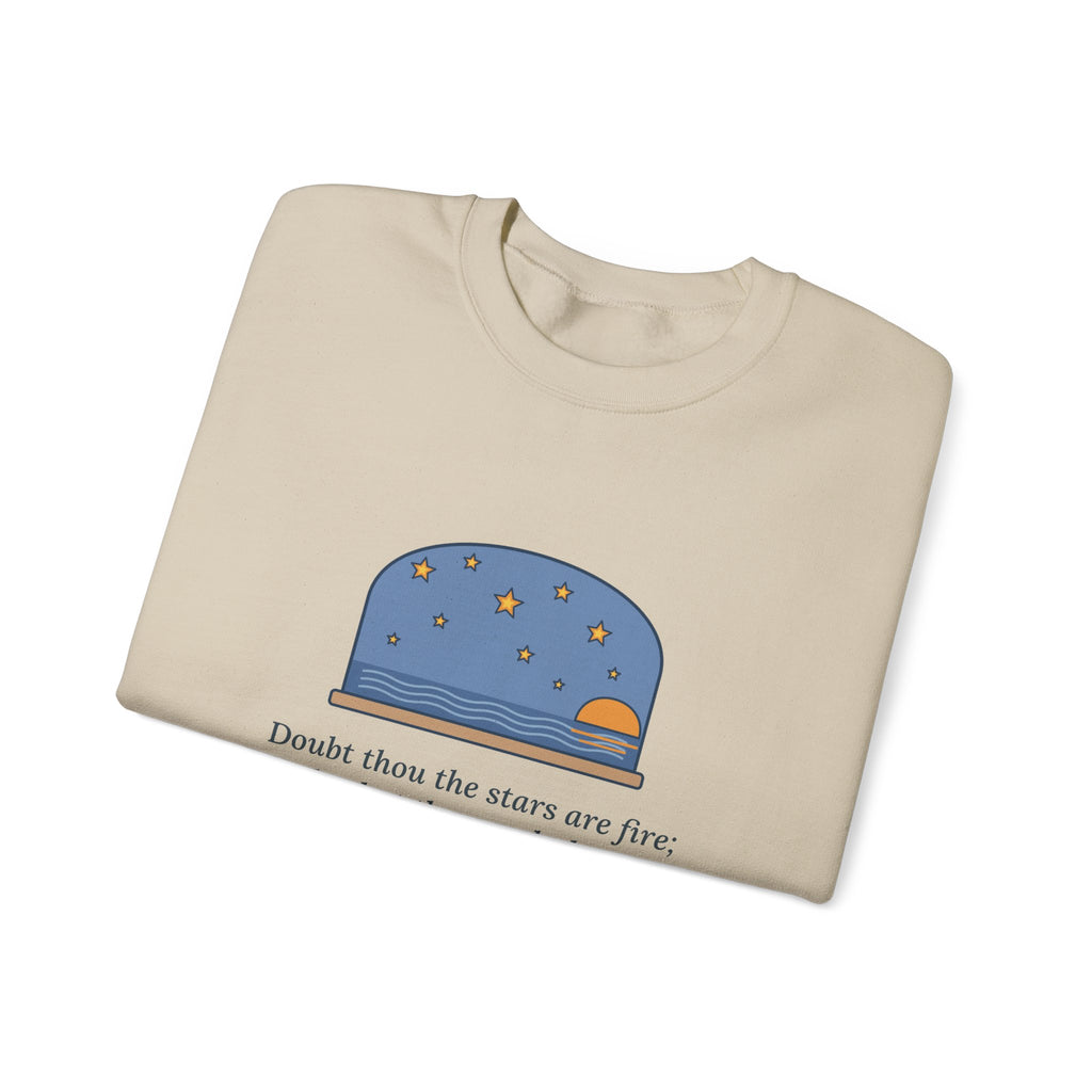But Never Doubt I Love Sweatshirt, Love Shakespeare Quote Crewneck with Fiery Stars at Sea