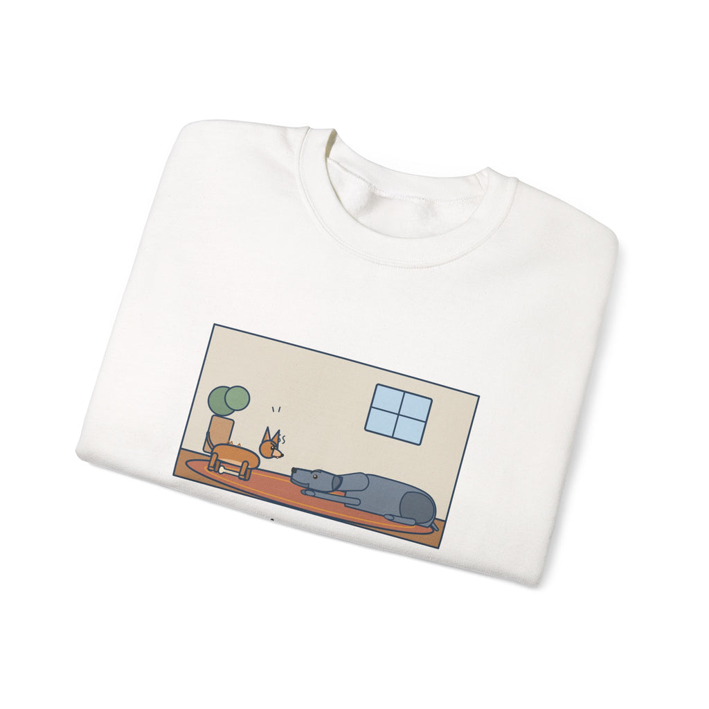 Chiweenie Sweatshirt, Ten Pounds, Guarded His Chew from a Great Dane, Funny Living Room Standoff Crewneck