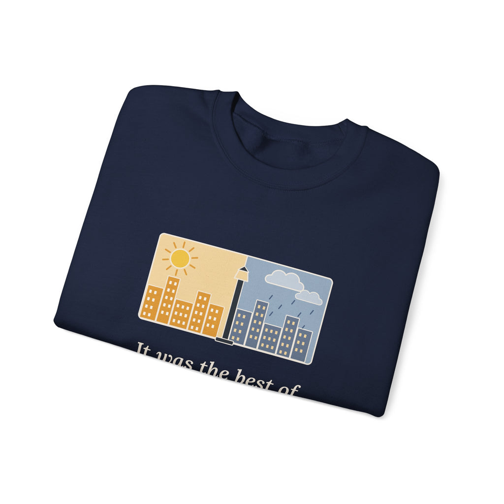 It Was the Best of Times, It Was the Worst of Times Sweatshirt, Literary Dickens Quote Crewneck with Split Skyline