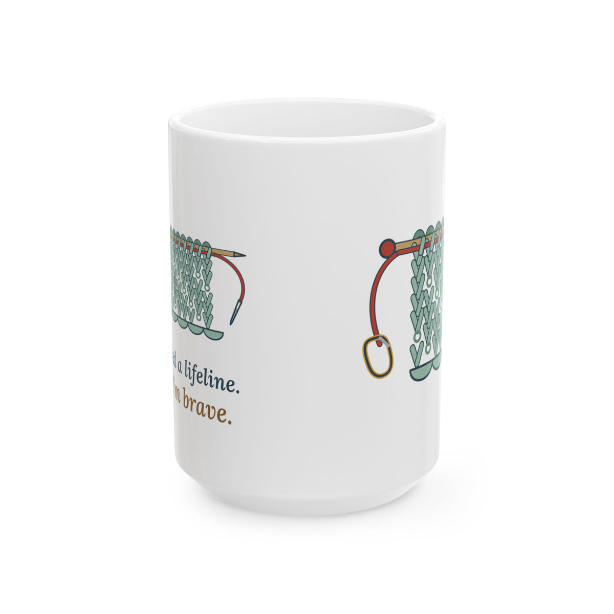 Large 15oz Lace Knitting Mug - Threaded a Lifeline. Now I'm Brave. Knitter Coffee Mug