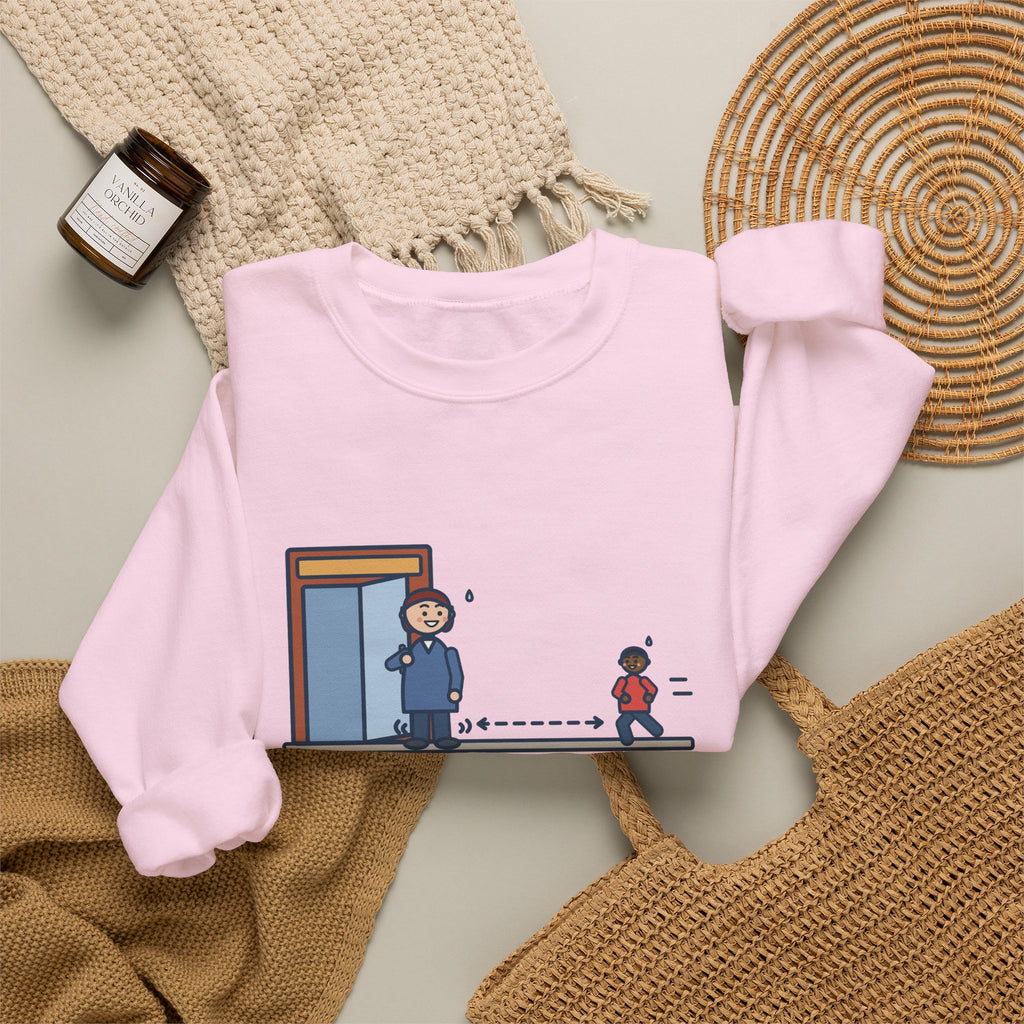 Holding the Door Sweatshirt, For Someone Twenty Feet Away, We Both Jogged, Funny Shop Entrance Crewneck