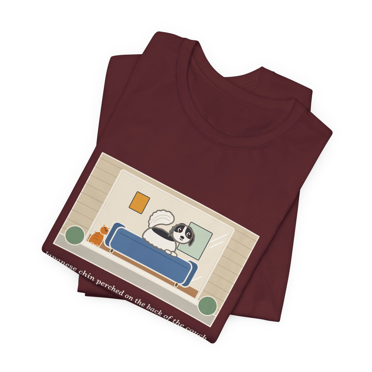 Funny Japanese Chin T-Shirt, Perched on the Back of the Couch Like a Cat, Watching the Street, Window Lookout Tee