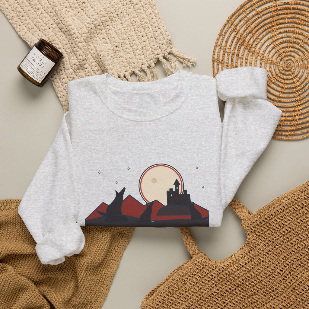 The Children of the Night Sweatshirt, Gothic Bram Stoker Quote Crewneck with Wolves and Red Moon